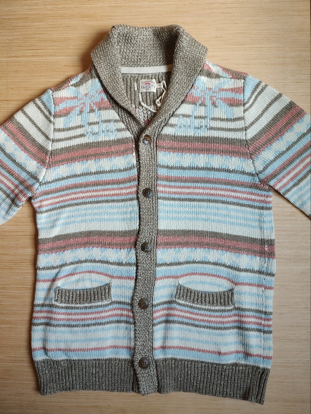 Faherty Sun Palm Wave Shawl Neck Chunky Cardigan Buttons Blue Grey M Pockets